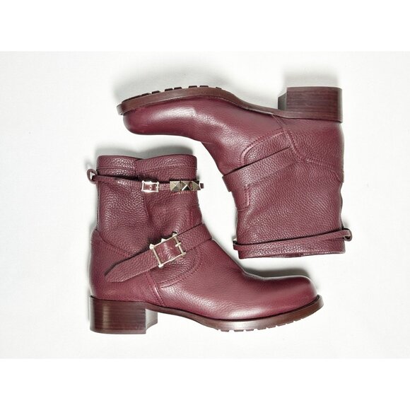Valentino Garavani Pebbled Calfskin Rockstud Boots in Burgundy - Sz 40.5 (10.5)